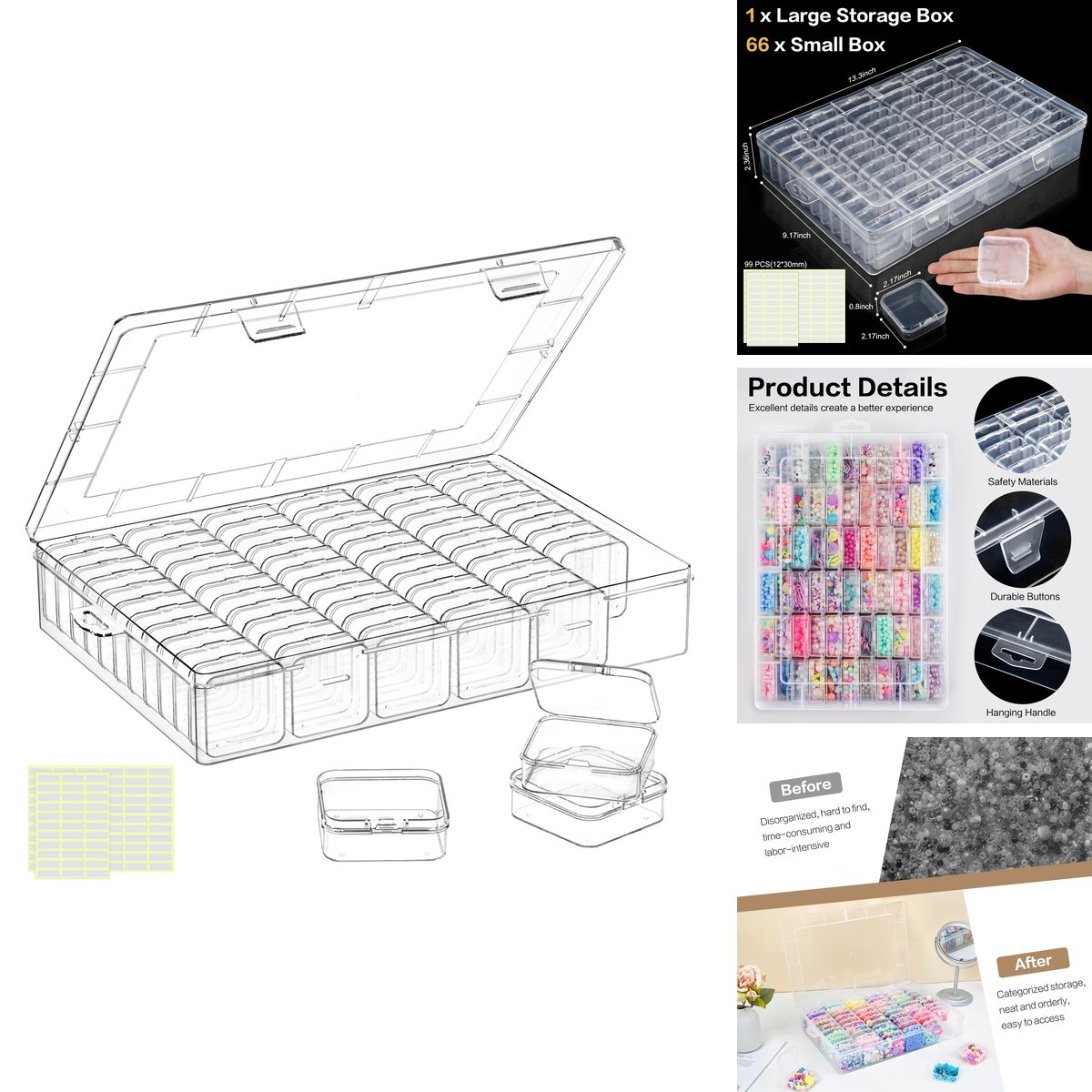 DILIBRA Large Bead Organizer Box, 66 Pcs Small Clear Storage Containers