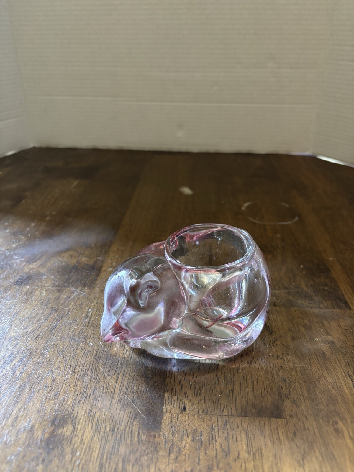 Vtg Indiana Glass Pink Blush Sleeping Cat Tealight/Votive Holder