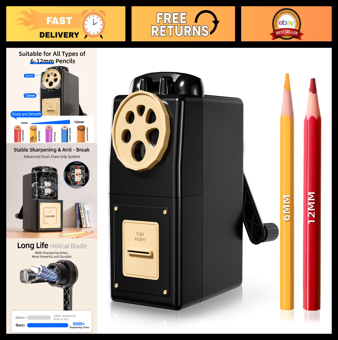 Heavy Duty Manual Hand Crank Pencil Sharpener - Desktop, Black, Durable & Effici