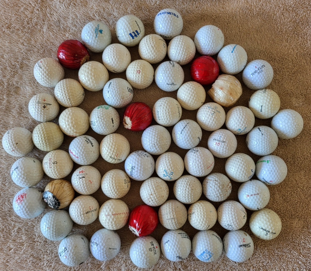 JOB LOT OF 65 VARIOUS RETRO & VINTAGE GOLF BALLS - SOME STILL WRAPPED- MOST USED