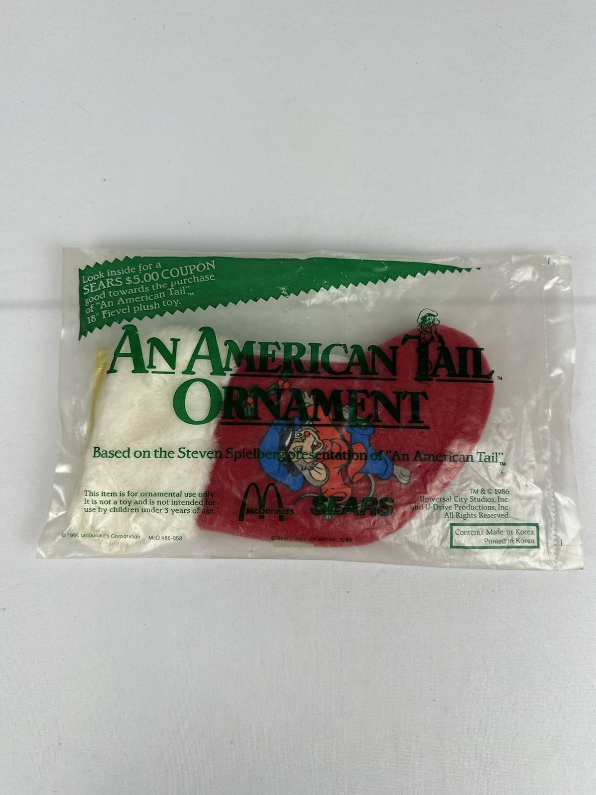 McDonalds Sears An American Tail Christmas Stocking Ornament Vintage 1986 New