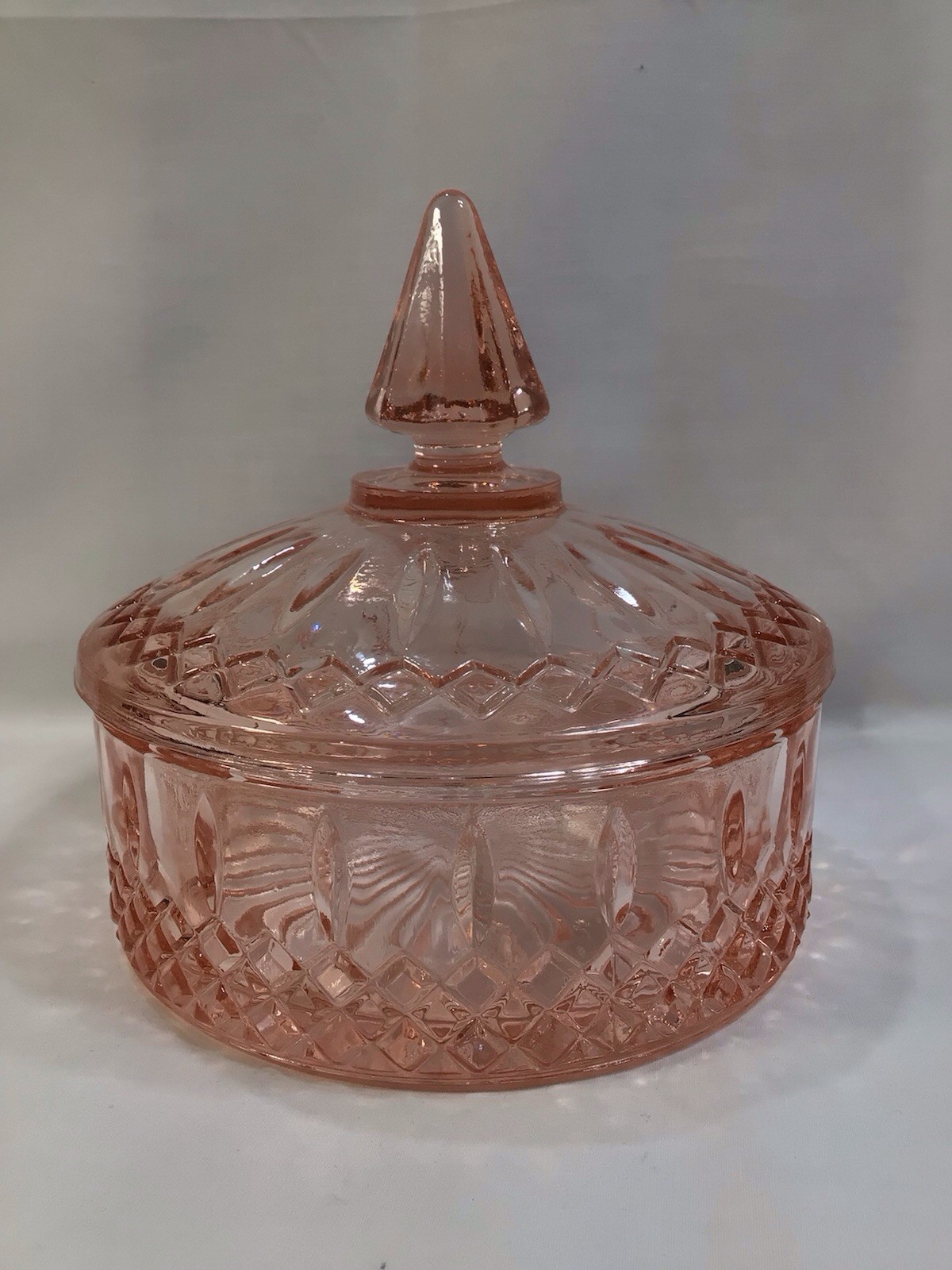 VTG Indiana Glass Pink 6” Covered Candy Dish -Diamond Pattern