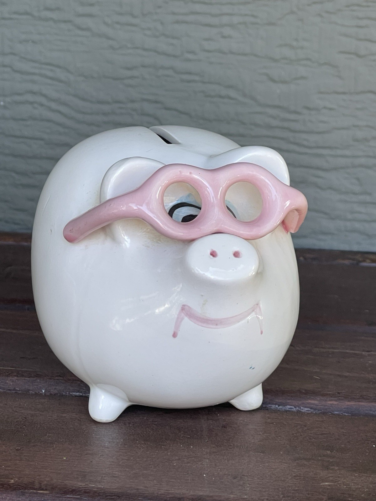 Vintage Peggy Pig Piggy Bank White Ceramic Pink Glasses Taiwan Novelty Coin Bank