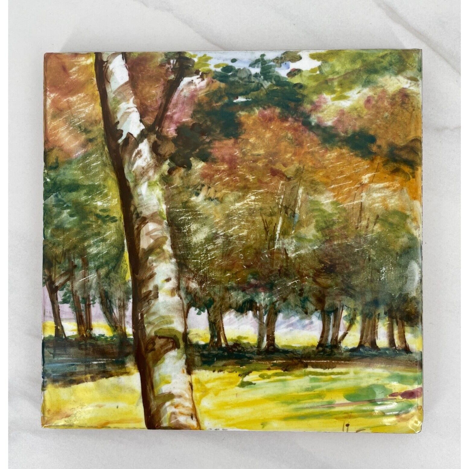 Hand Painted & Glazed Tile Autumn Landscape Forest 8\