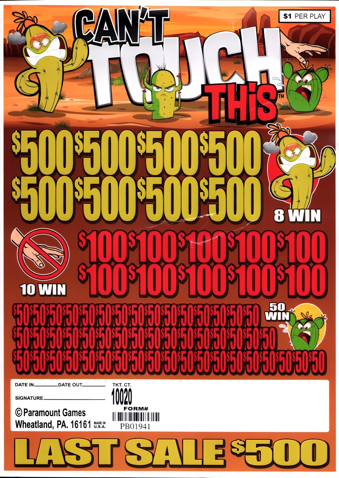 Pull Tab Ticket - Jar - Game - Can't Touch This - 10,020 ct Pull Tab Ticket - Jar - Game - Can't Touch This - 10,020 ct