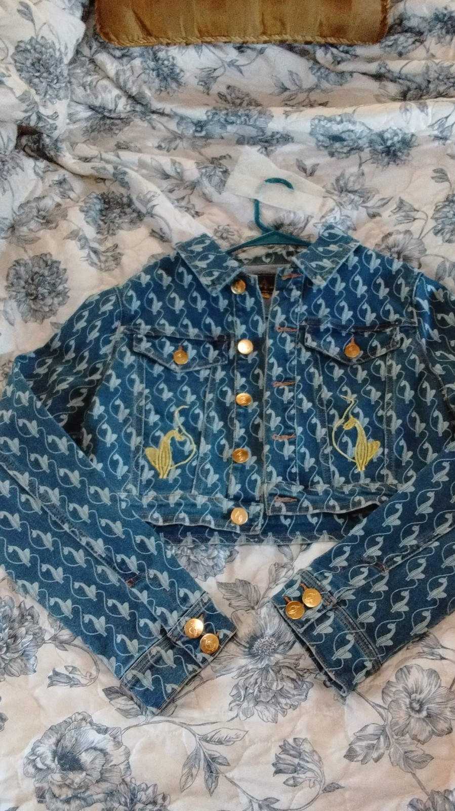 BABY PHAT Blue Denim Jacket Patterned Embroidery Gold Buttons Size M