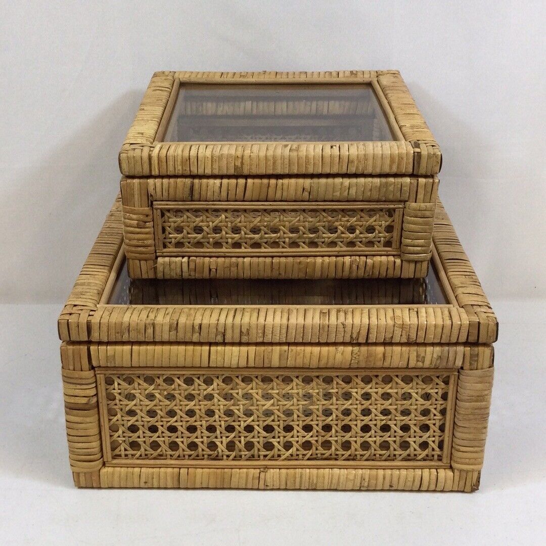 Creative Co-Op Brown Square Woven Rattan & Wood Display Boxes Set Of 2 Sizes