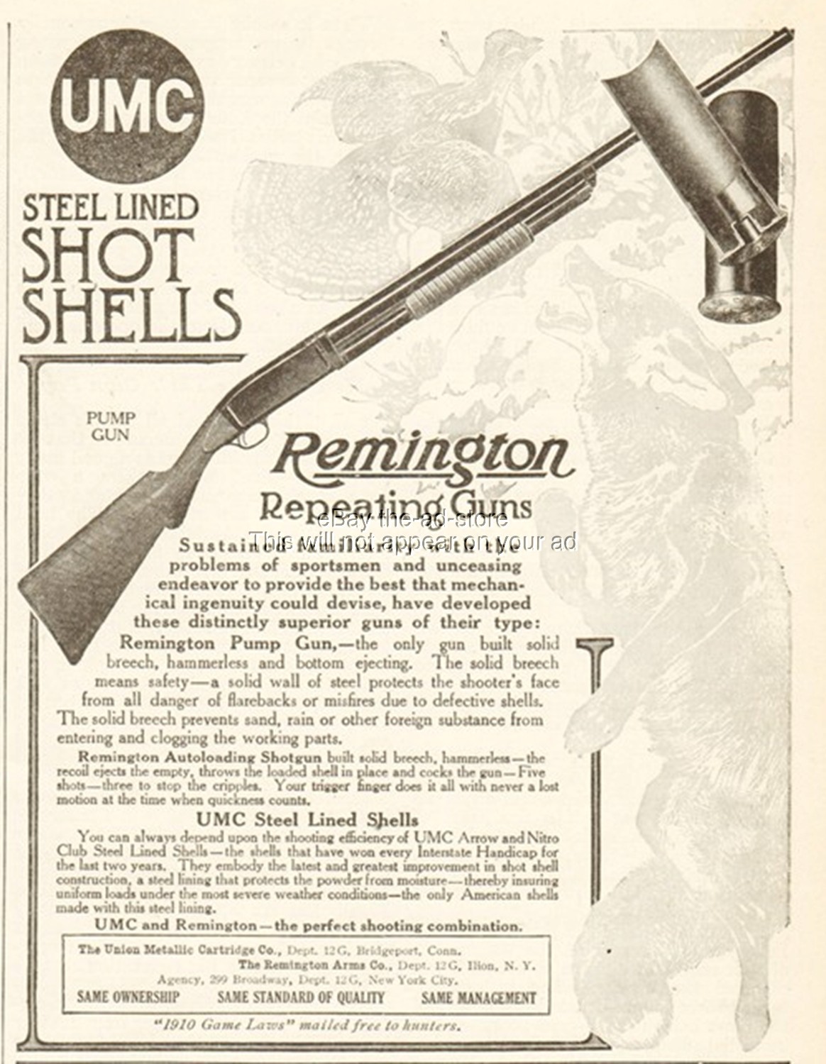 1910 Remington Pump Gun Shotgun UMC Steel Lined Shot Shells Vintage Hunting Ad
