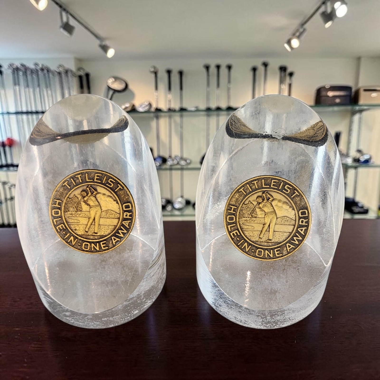2 Vtg Lucite Metal Paperweight Golfers Titleist HOLE IN ONE Trophy Award 2 Vtg Lucite Metal Paperweight Golfers Titleist HOLE IN ONE Trophy Award