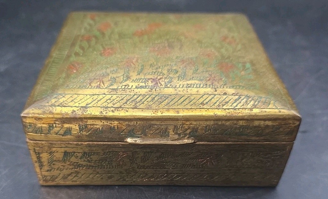 Vintage Indian Mughal-style engraved brass trinket or jewelry box