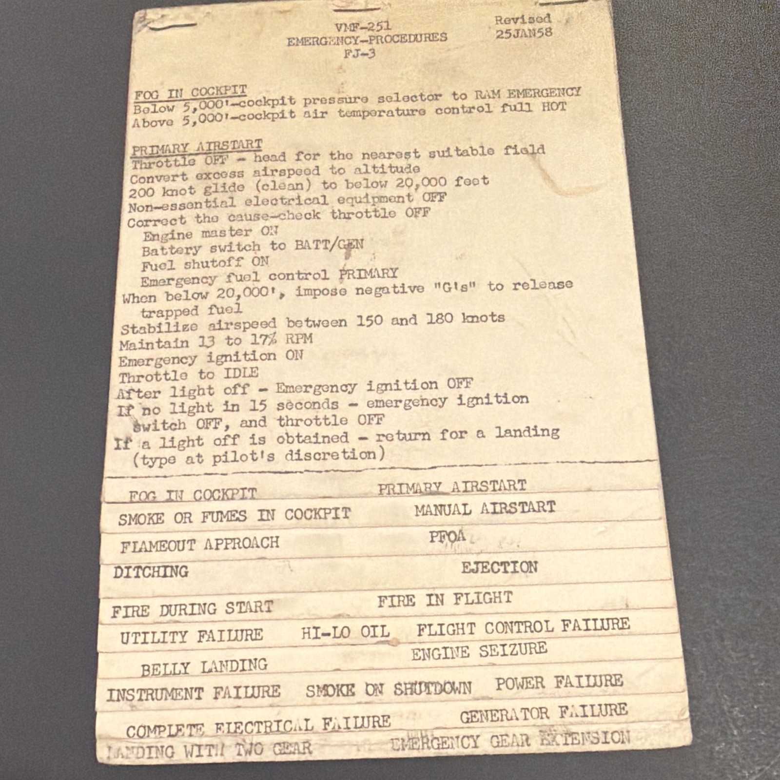Original 1958 North American FJ-3 Fury Pilot Cockpit Emergency Procedures Card