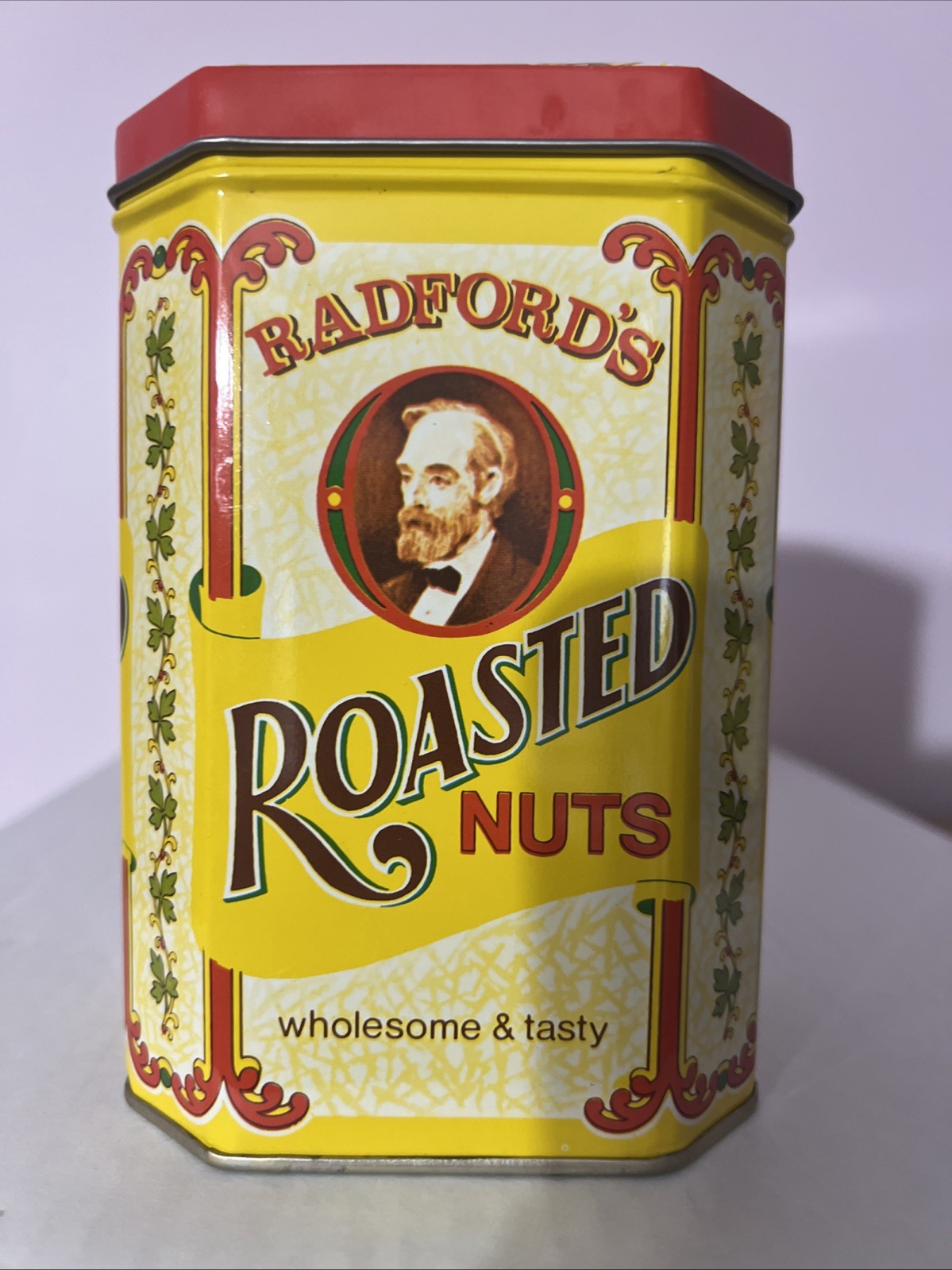 Vintage Radford's Roasted Nuts, Collectible Hinged Tin, Yellow and Red Vtg Tin