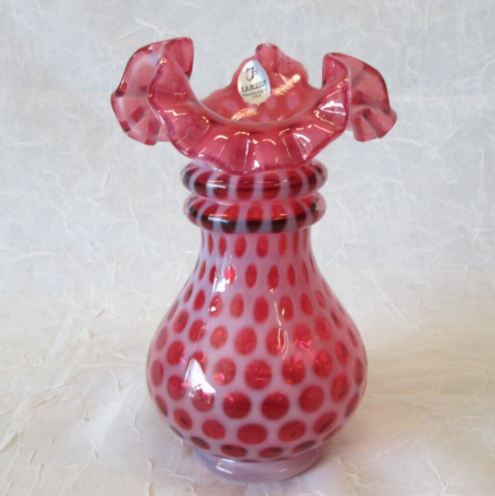 Fenton Art Glass Cranberry Coin Dot Opalescent Crimped 6