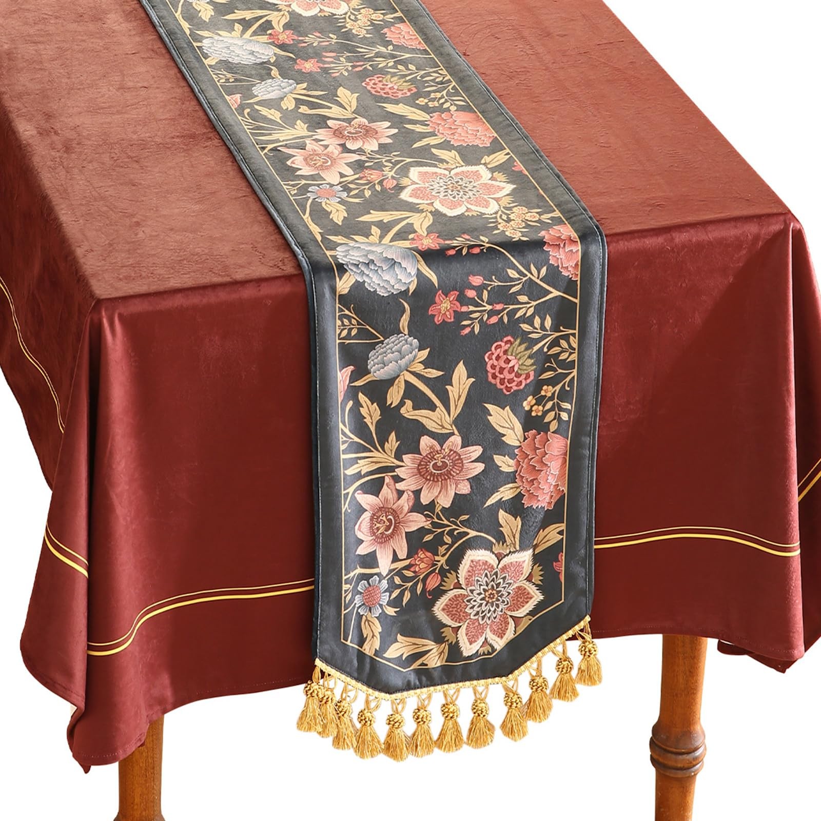 Patdrea Designer Vintage Black Floral Velvet Table Runner 71 Inch Long, Pink