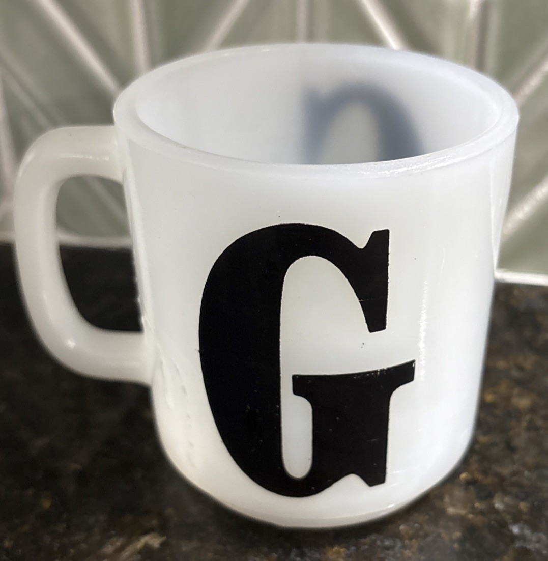 Vintage 1970’s Glasbake White Milk Glass Mug With Monogram “G”