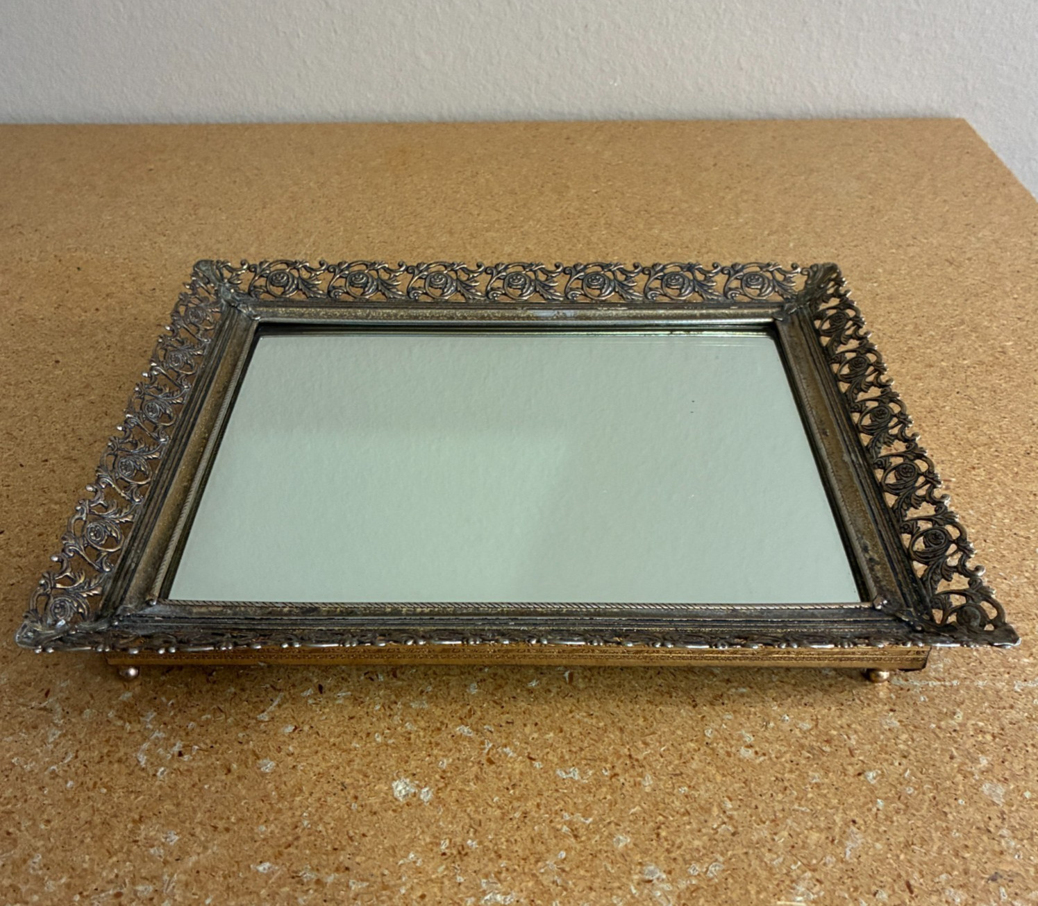 VTG Hollywood Regency Mirrored Footed Tray or Wall Mirror Gold Filigree 11.5x9.5