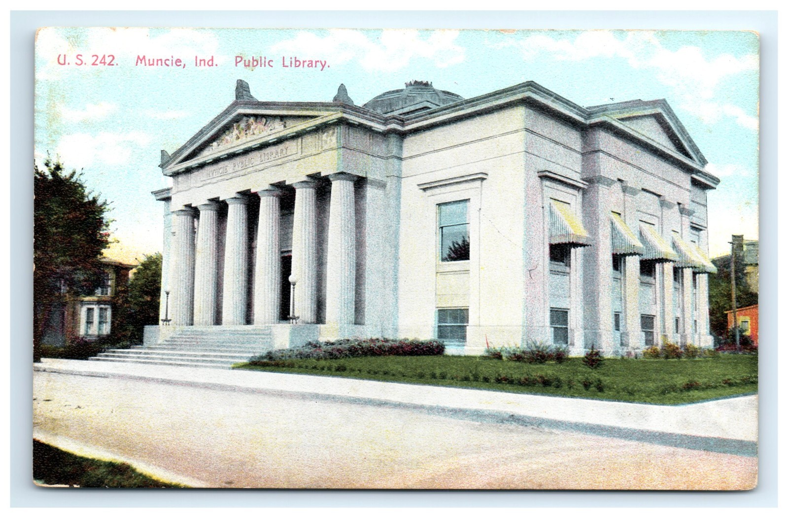 Postcard Muncie Indiana Public Library Street View Posted 1913 DB