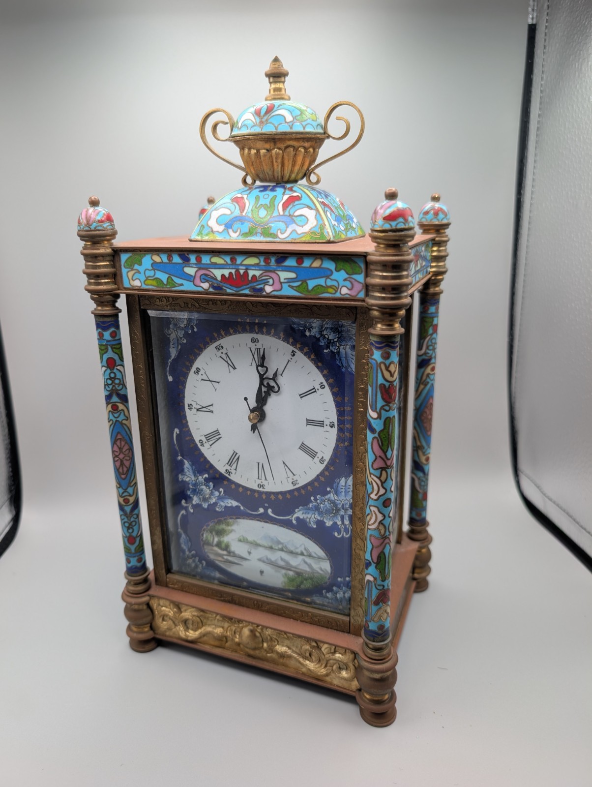 Antique French Carriage Mantle Clock Champleve Cloisonne Enamel Painted Panels