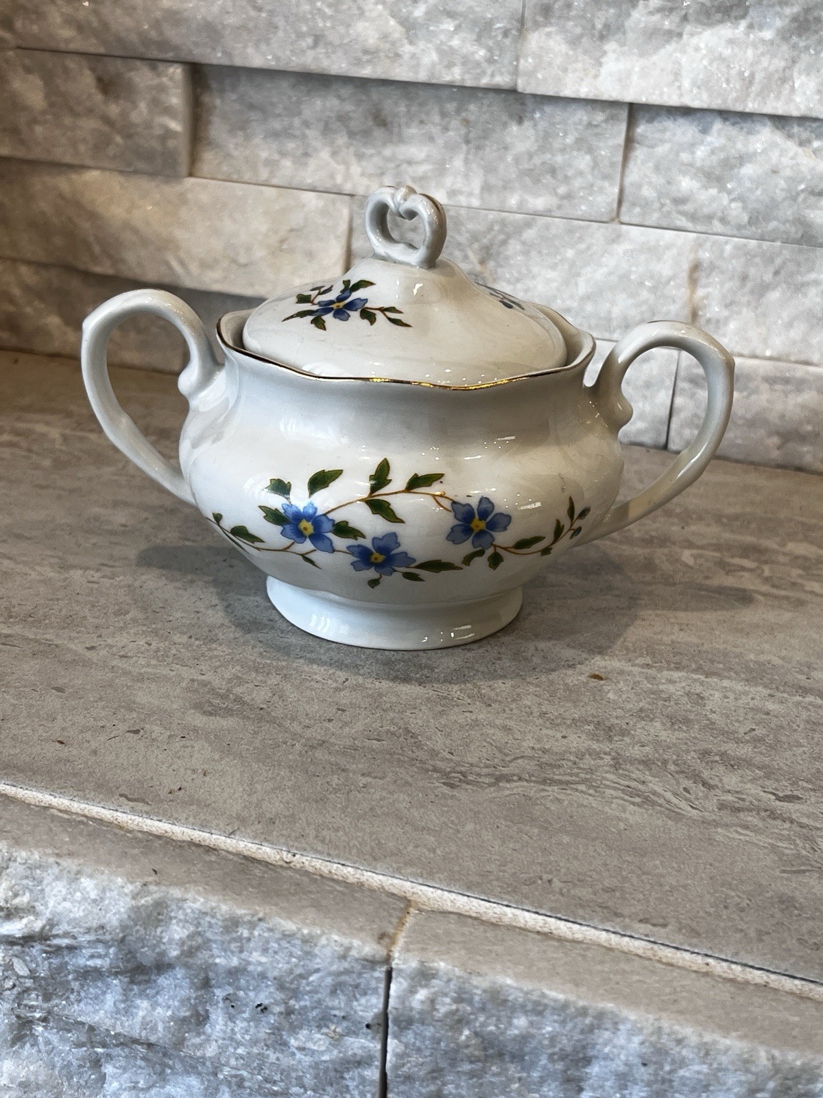 Vintage Made in Poland Porcelain Sugar Bowl w Lid Blue Floral Gold Trim Cottage