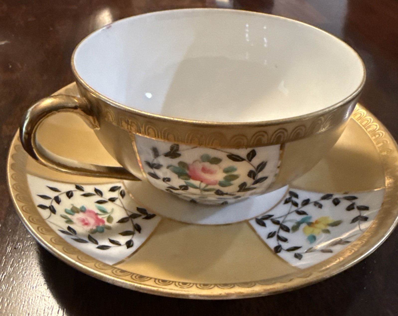 Antique Noritake Yellow/Gold Lustreware Teacup/Saucer Art Deco Panel Floral Gold