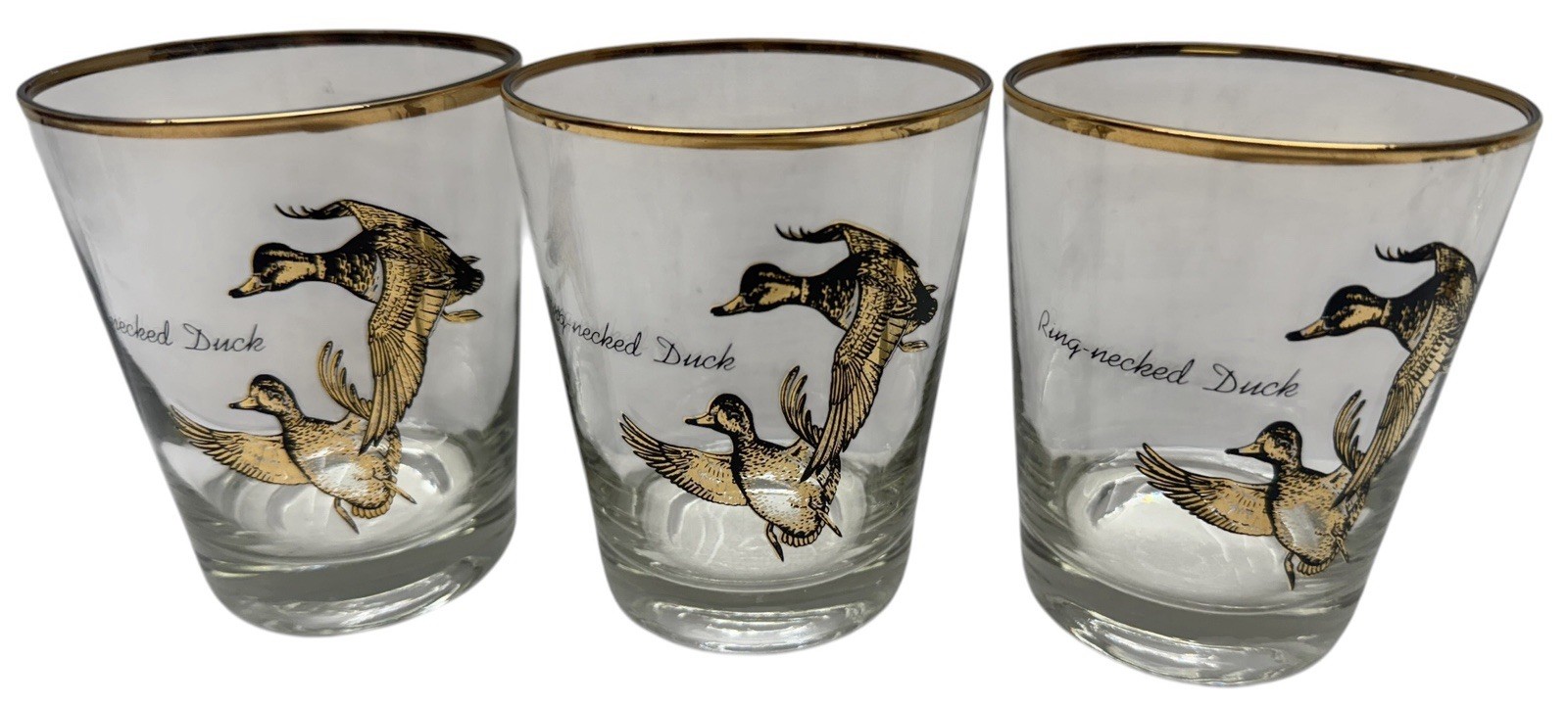 Vintage Ring-Necked Duck Gold Rim Rocks Glasses Set of 3 Hunting Barware