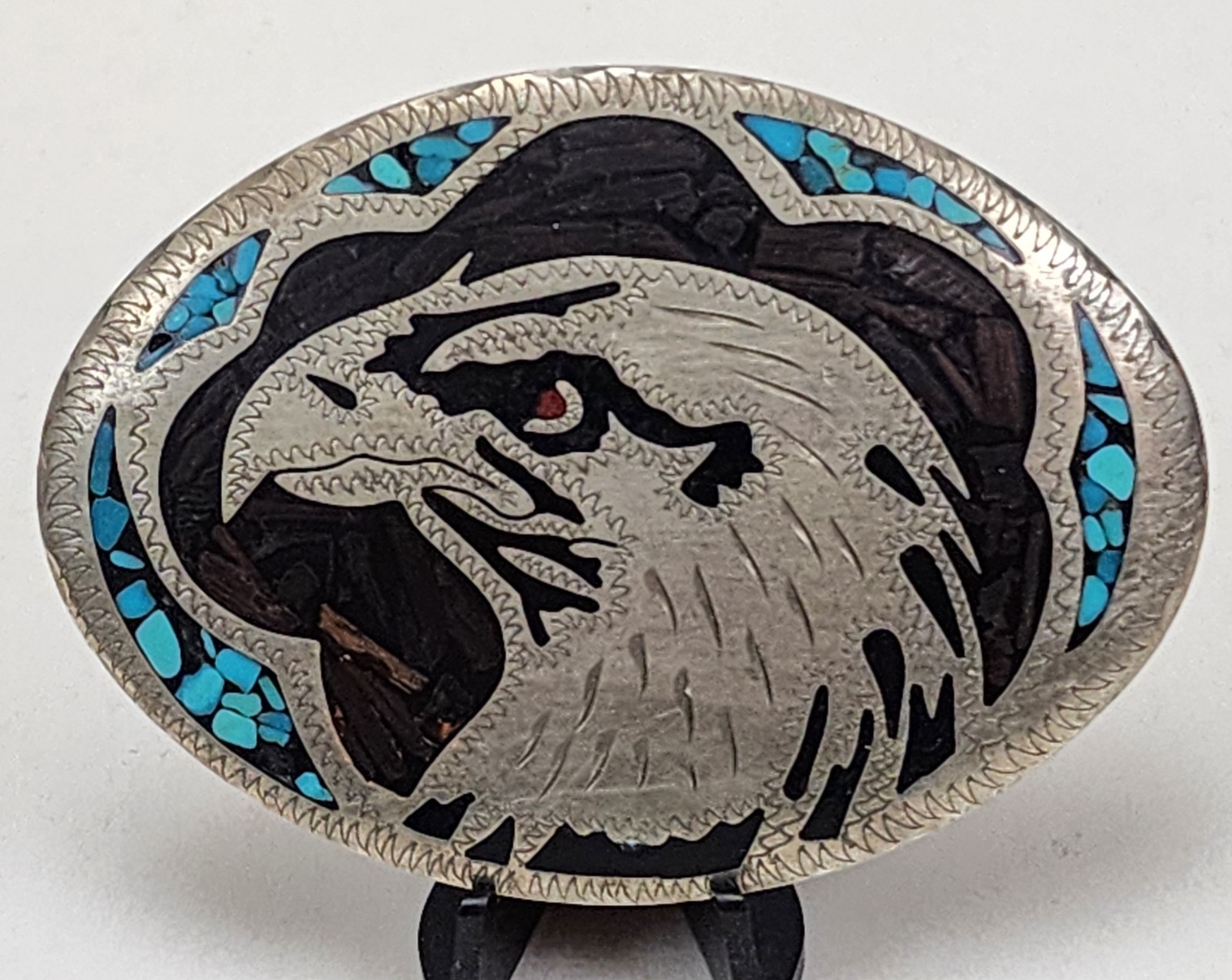 Vintage Hand Made Turquoise Wood Eagle Inlay Western Belt Buckle
