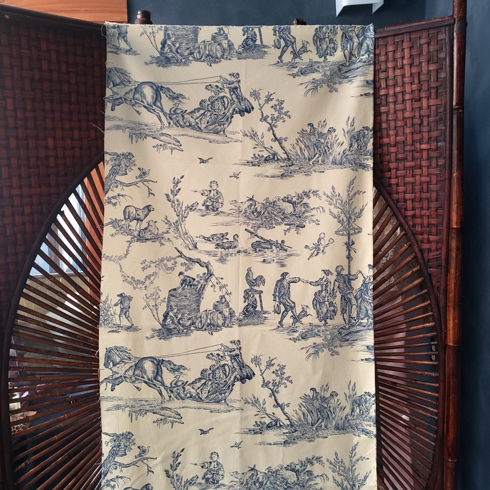 Vintage Toile Decorator Fabric Remnant Beige Blue 23\