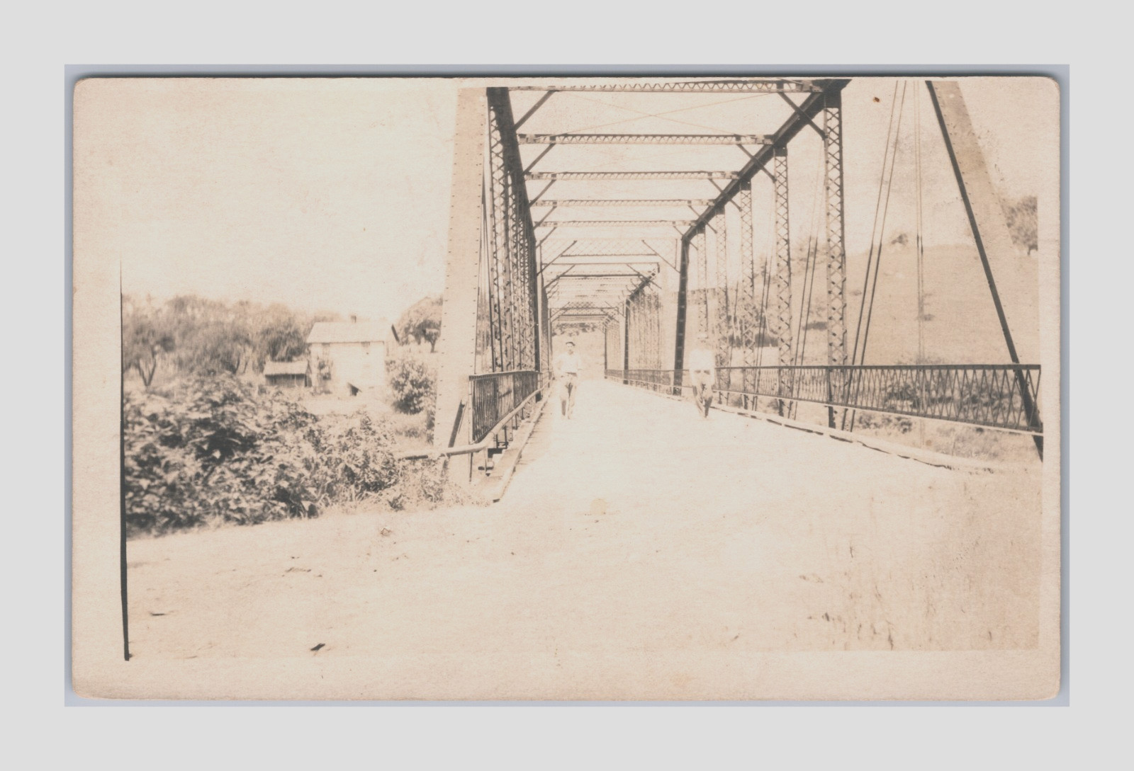 Antique RPPC Trestle Bridge Standing Posed 2 Men Miss Nora Cope c.1911