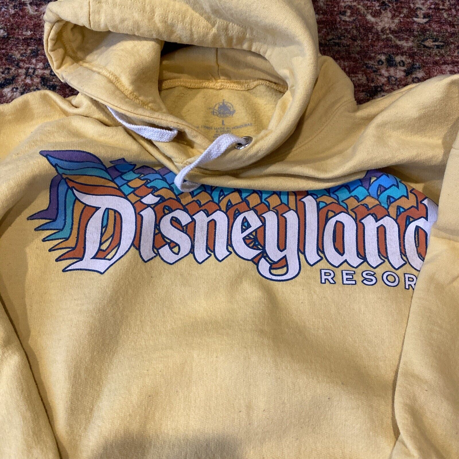 Disney DISNEYLAND RESORT Yellow HOODIE Retro Vtg Style Rainbow Sweatshirt Sz L