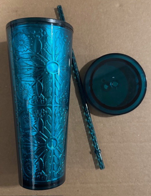 Starbucks Embossed Tin Floral Metallic Teal Tumbler 24 Oz Cup 2017 Ships FREE US