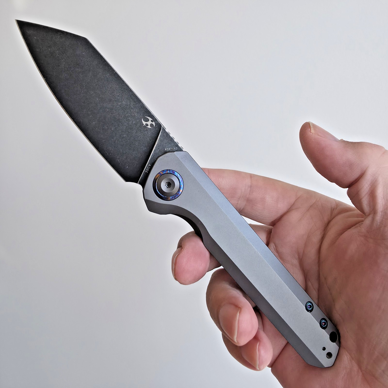 Kansept Bulldozer Folding Knife Gray Titanium & Timascus Clip Handle 20CV Black Kansept Bulldozer Folding Knife Gray Titanium & Timascus Clip Handle 20CV Black