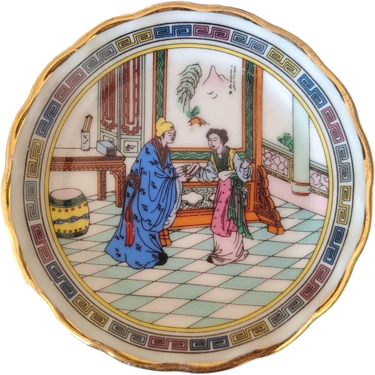 Vintage Chinese Hand Painted Porcelain Macau Mini Dish Courtyard Scene Red Mark