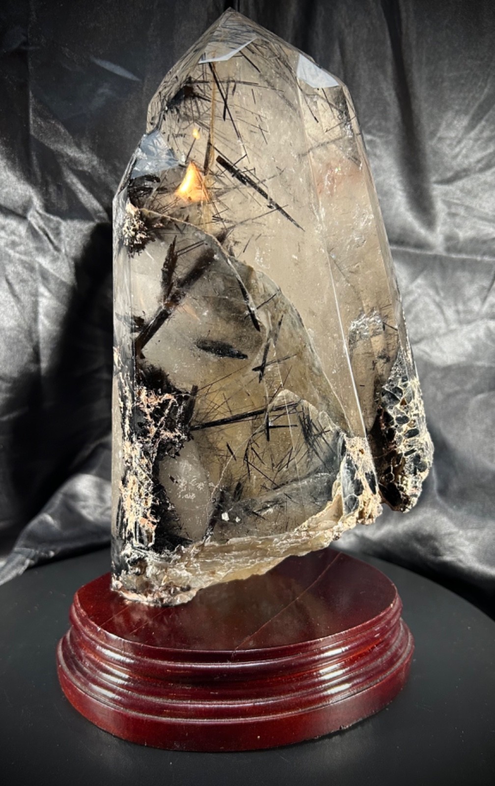 SALE Amazing Polished Tourmalinated Quartz Specimen with Wood Stand 9lb 10oz