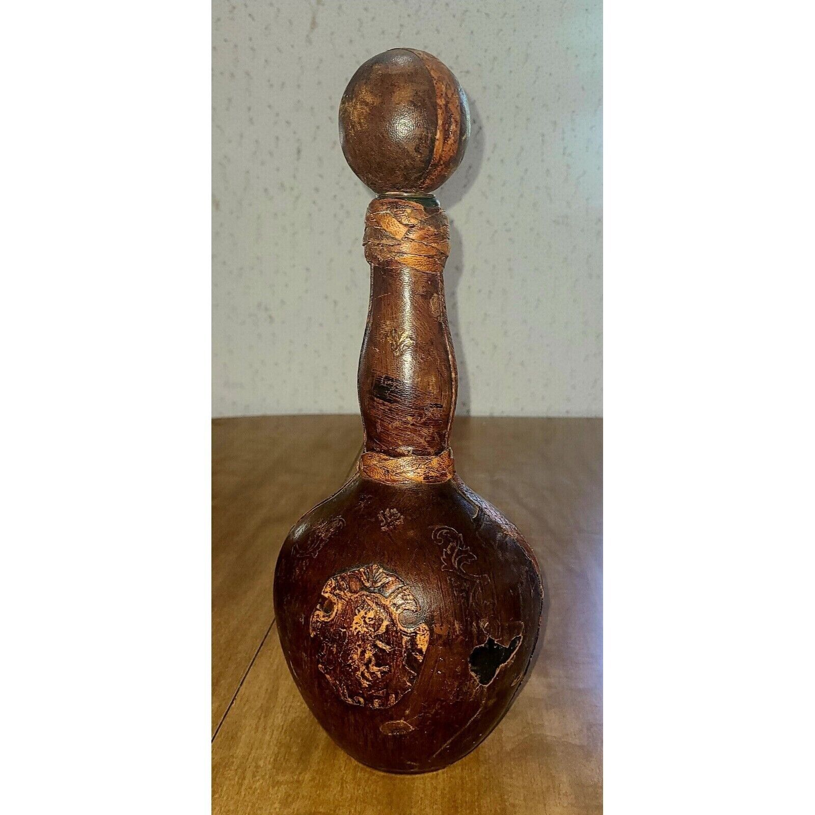 Vintage Italian Leather Wrapped Brown Decanter Bottle with Ball Stopper 12\