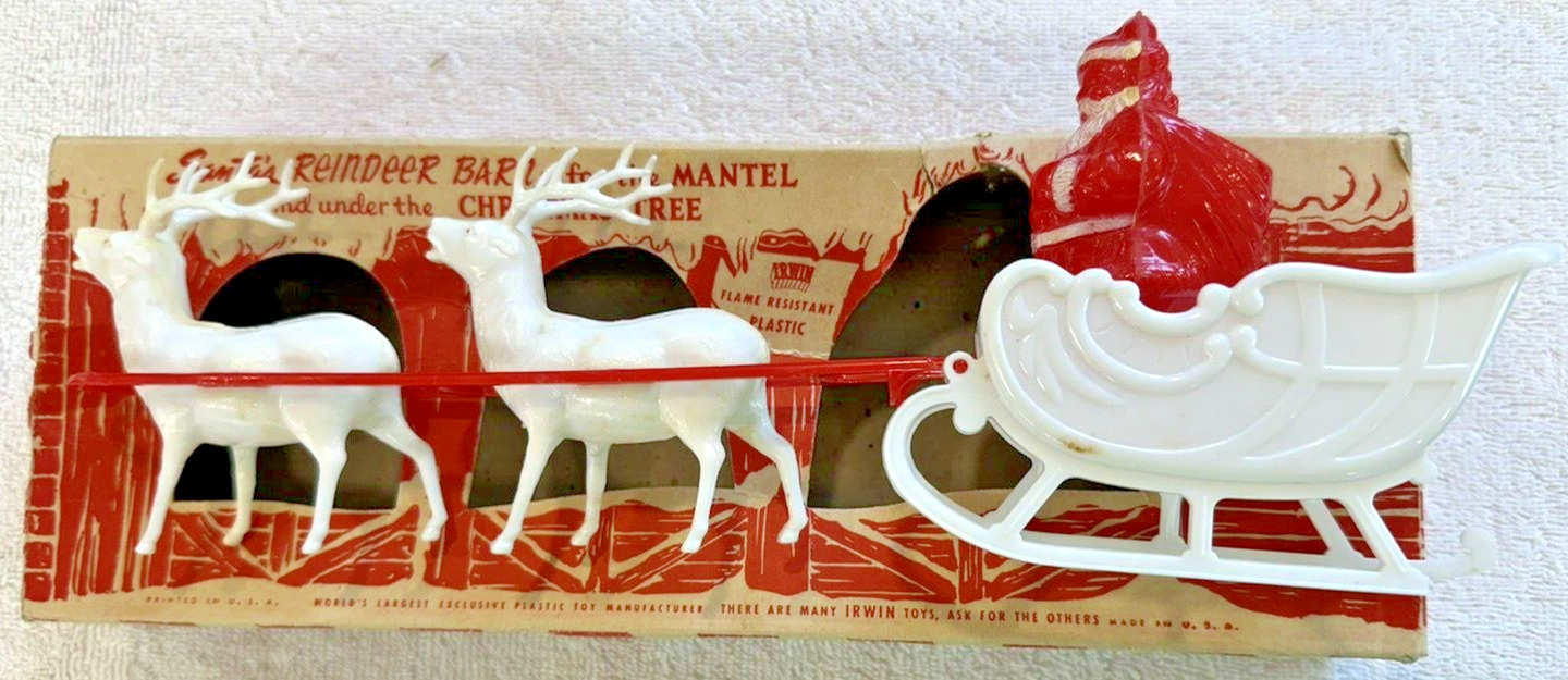 Santa and sleigh reindeer vintage Irwin Toys  with original barn box