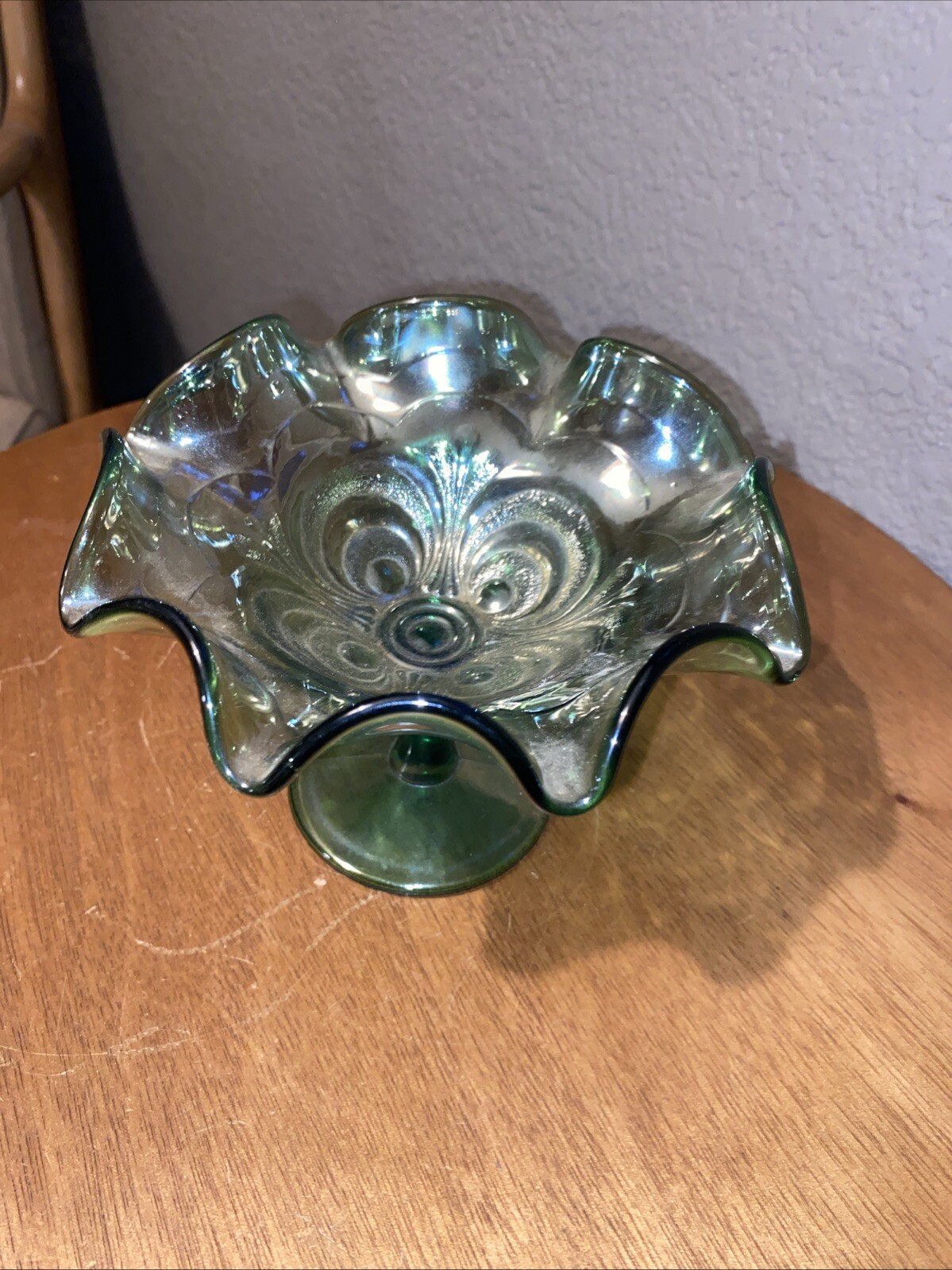 Imperial SCROLL EMBOSSED Green Carnival Glass Footed Compote