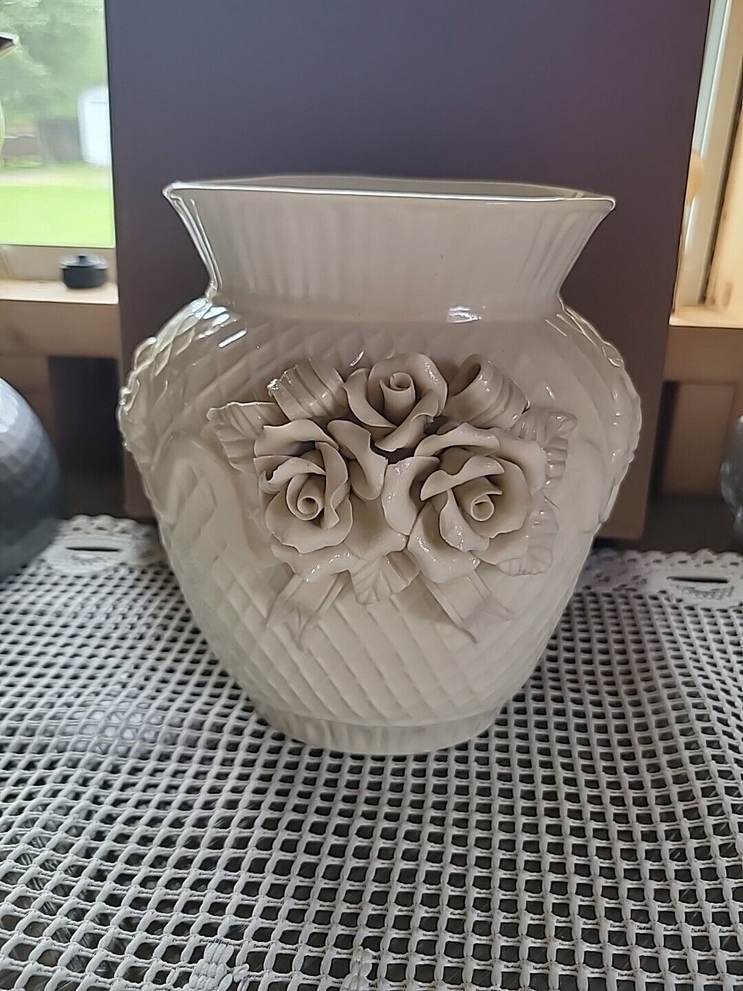 Bisque Ceramic Quilted Capodimonte style Vase, Matte Ivory Finish 6.5\