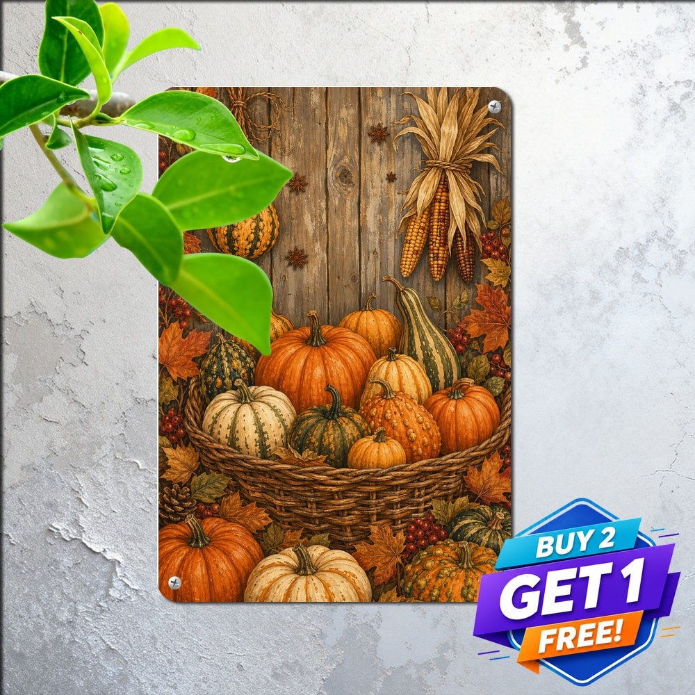 Autumn Harvest Gourds Pumpkin Basket Metal Tin Sign Rustic Thanksgiving Decor