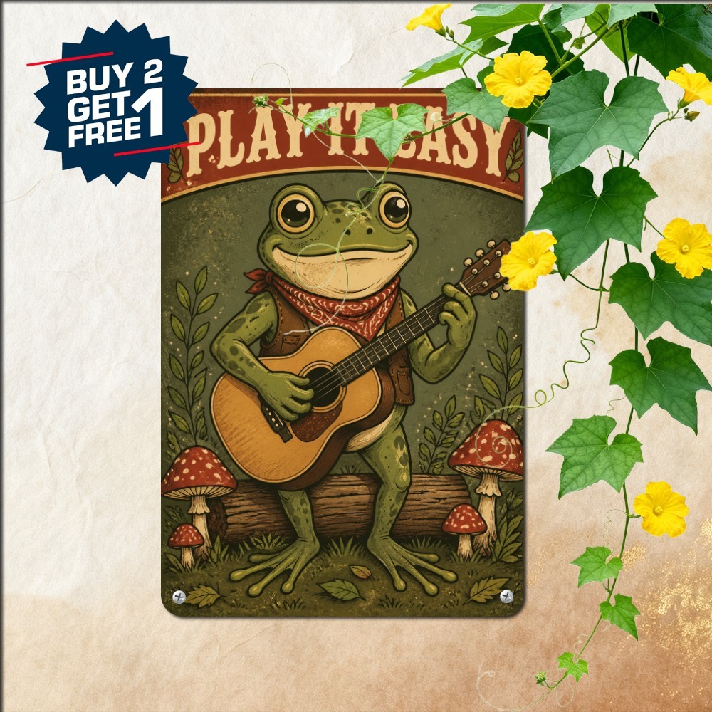 Acoustic Guitarist Frog Musician Sign Whimsical Pond Life Metal Tin Plaque
