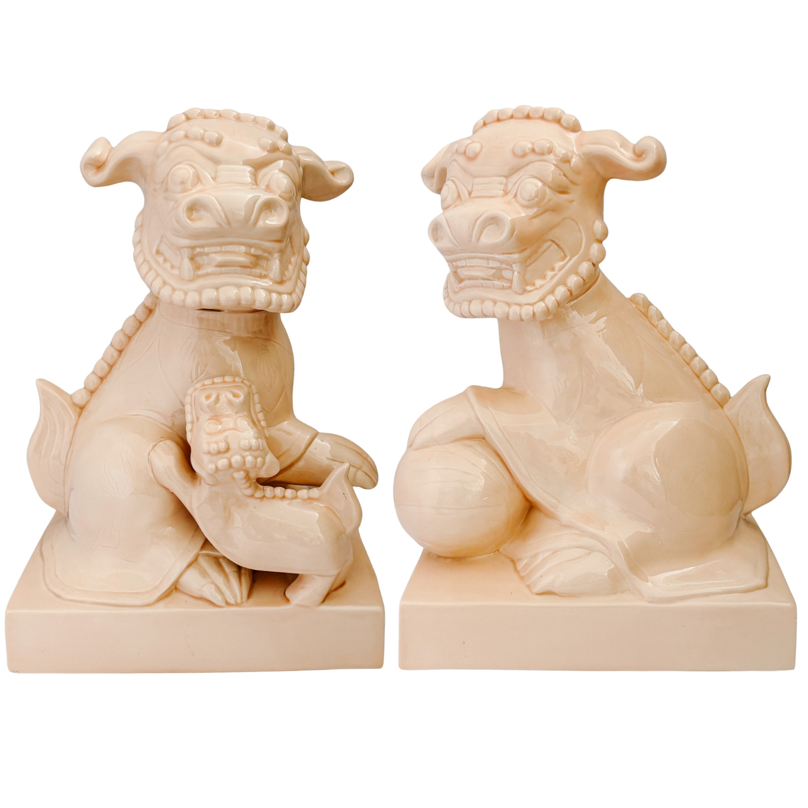 Large Scale Vintage Monochrome Blush Pink Glazed Ceramic Foo Dogs 13 Large Scale Vintage Monochrome Blush Pink Glazed Ceramic Foo Dogs 13