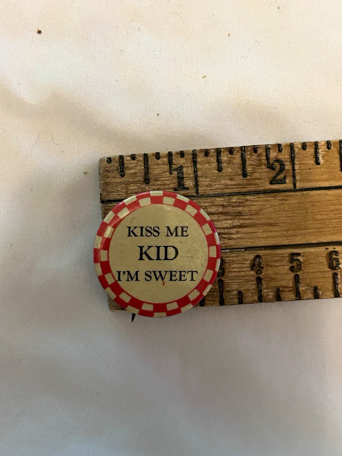 Kiss Me Kid I\'m Sweet Collectible Pinback Button, Red/White Checkered Border