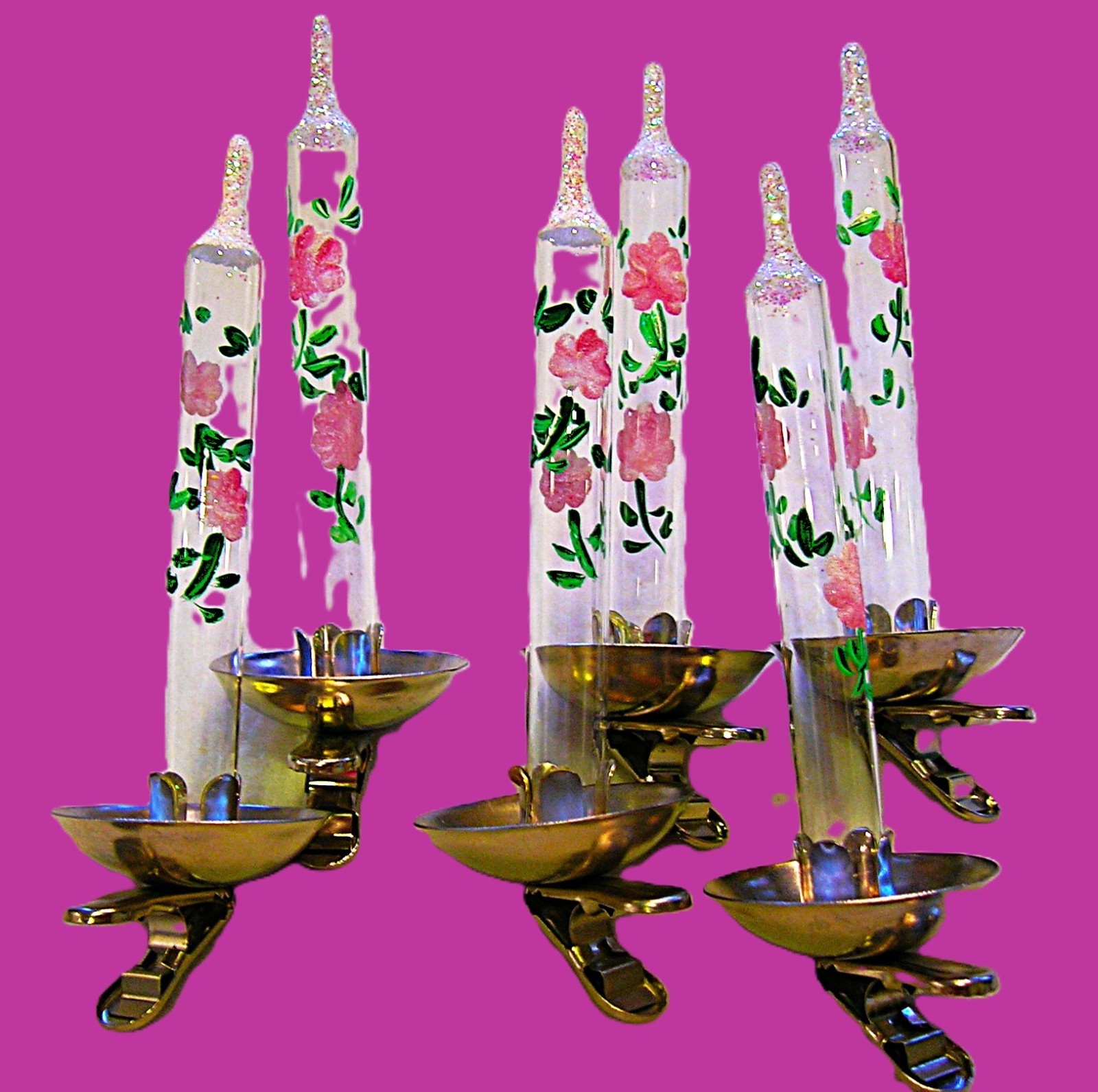 6pc Set Vtg Dillards Italy Hand‑Painted Blown Glass Candle Christmas Ornaments🎄