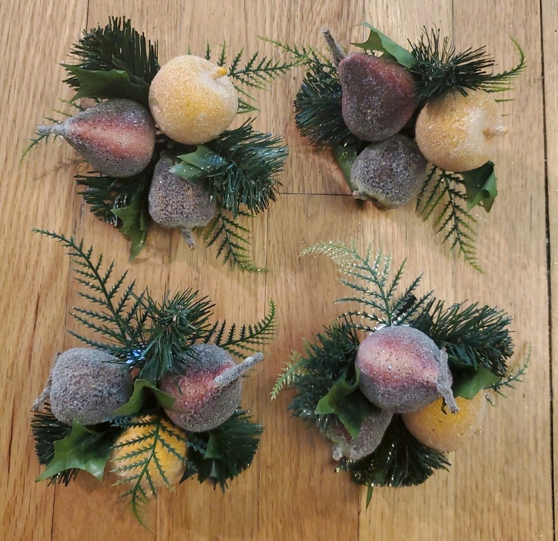 Vtg Set Sugared Fruit Clip-On Christmas Tree Picks Ornaments Yellow Apples Pears