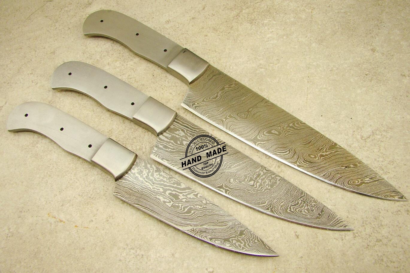 Lot Of 3 PCs Professional Chef Knife Blank Blade Custom Handmade Damascus Steel