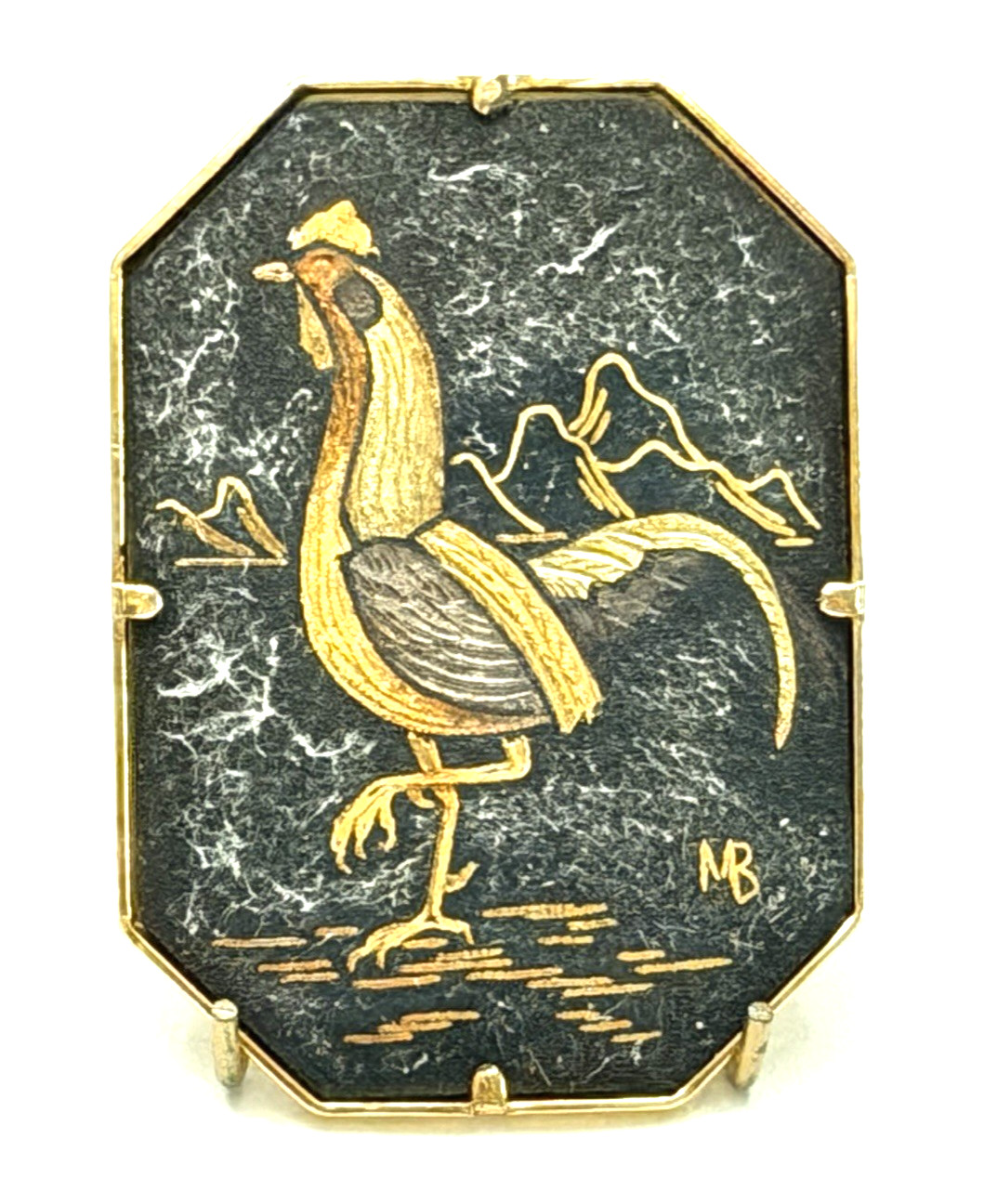 Vintage Etched ROOSTER Signed Studio Button - 1-1/2\