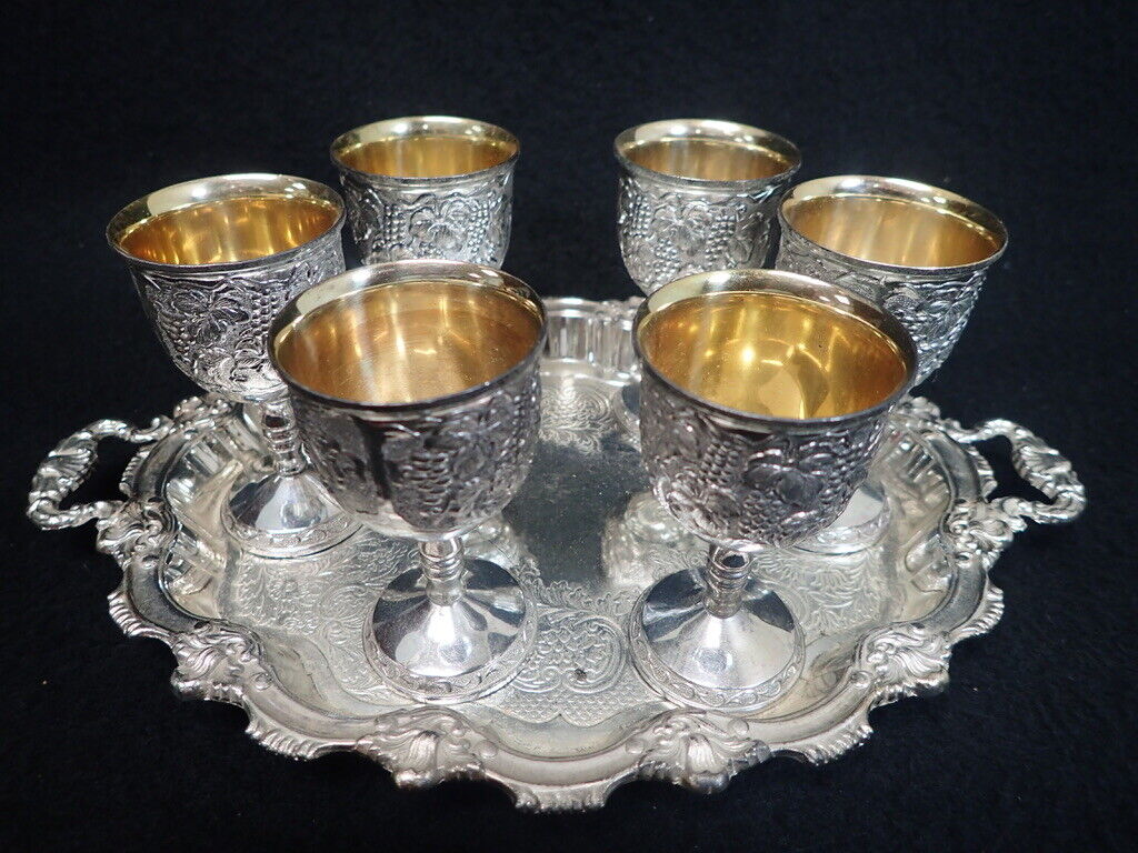 vintage barware decorative ORNATE METAL TRAY with set of (6) MATCHING CORDIALS 