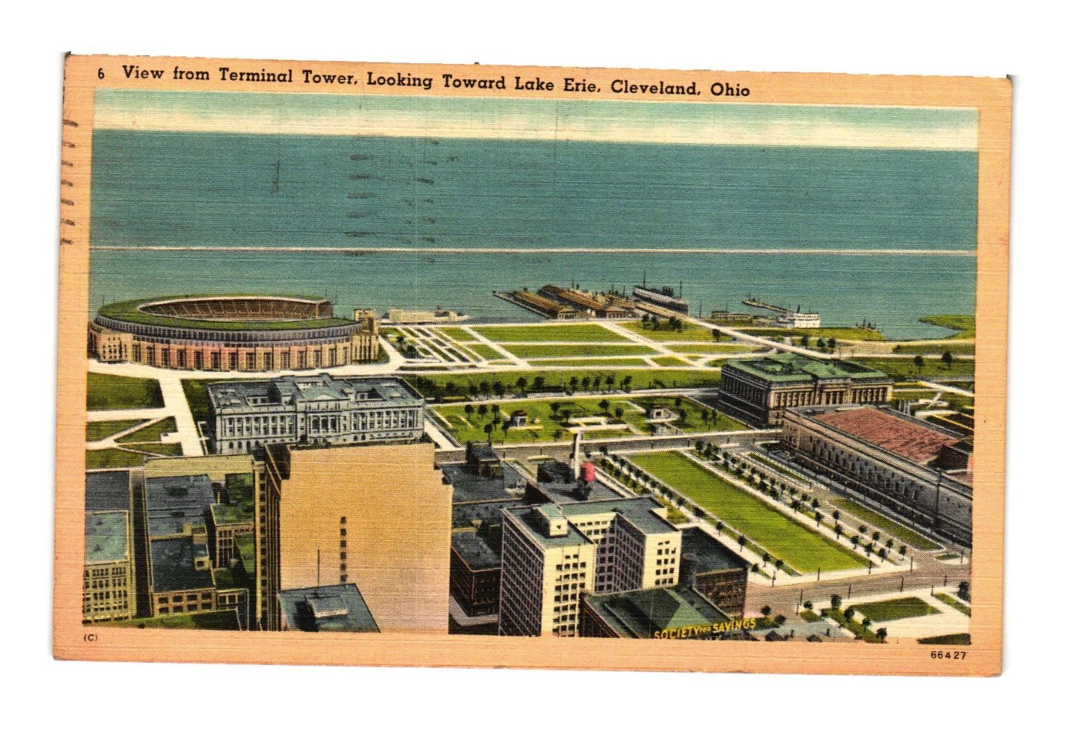 Vintage 1942 Cleveland OH Aerial View Municipal Stadium Lake Erie Linen Postcard