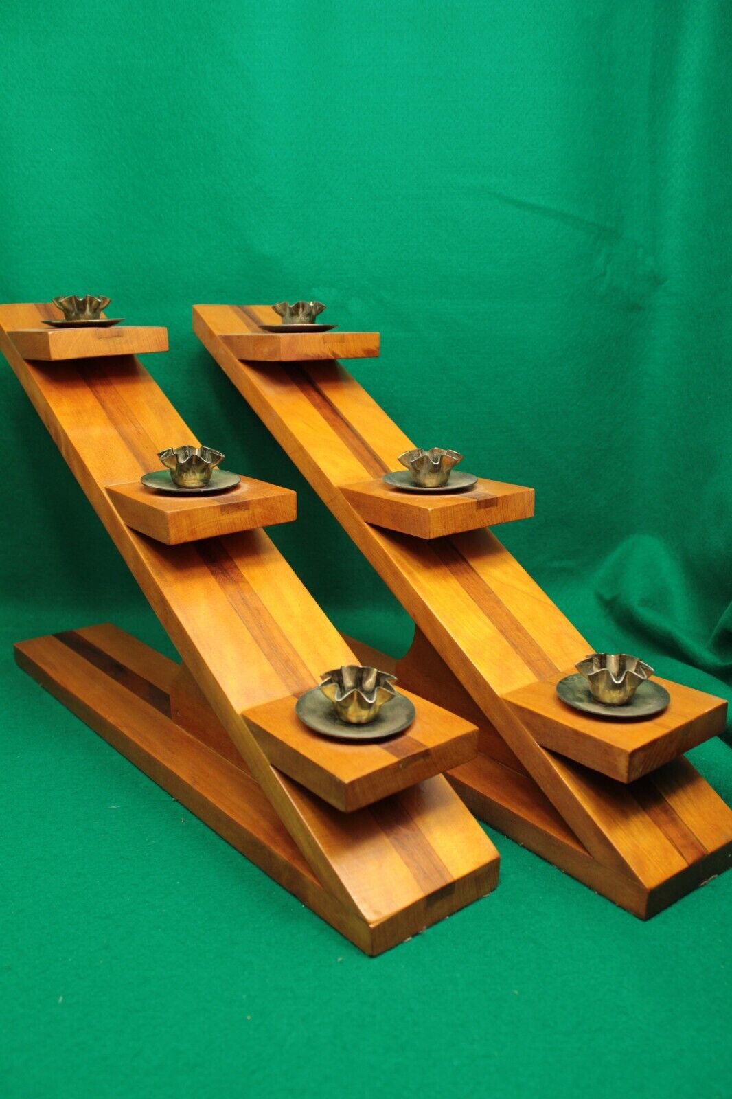 Pair of Vintage MCM Wood Inlay Inclined Candleholders for Tapers
