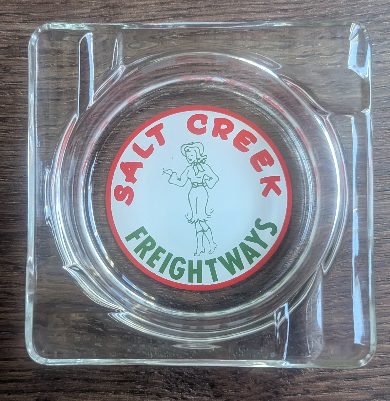 Vintage Salt Creek Freightways Square Glass Ashtray Wyoming Trucking Light Wear