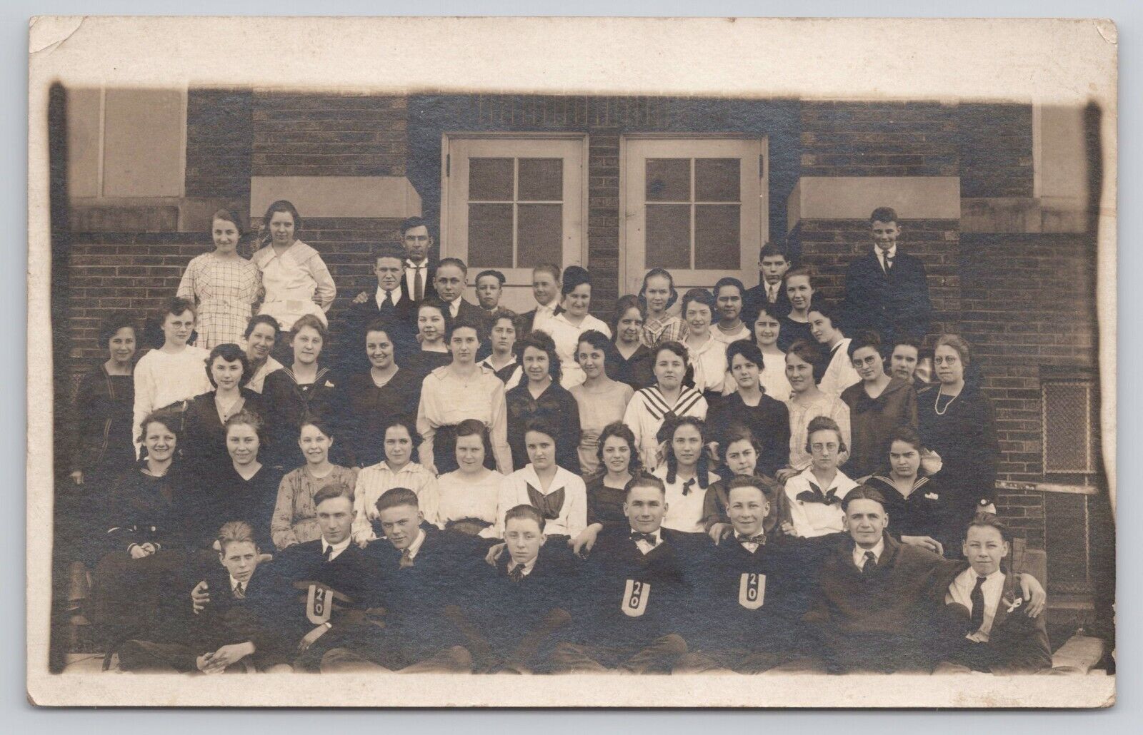 Class Photo of Young Men and Women Some with 20 Markers c1918-1930 RPPC Postcard